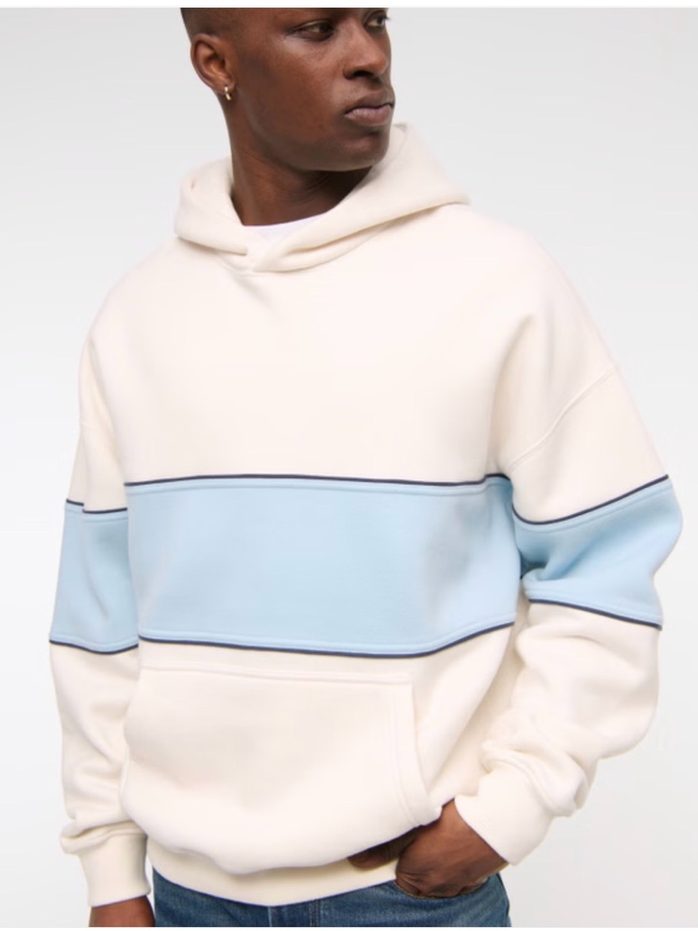 Abercrombie & Fitch Cream and Light Blue Essential Popover Hoodie